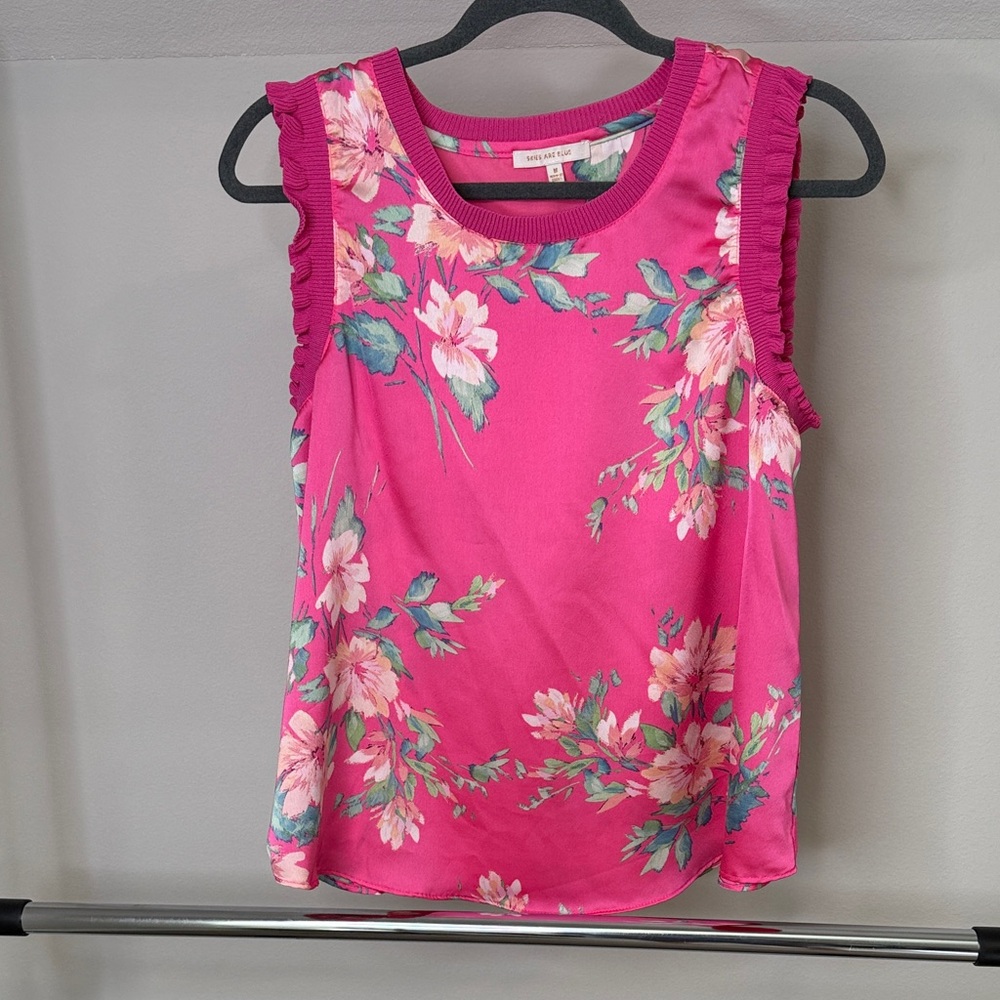 Skies Are Blue Pink Floral Ruffle Tank Top